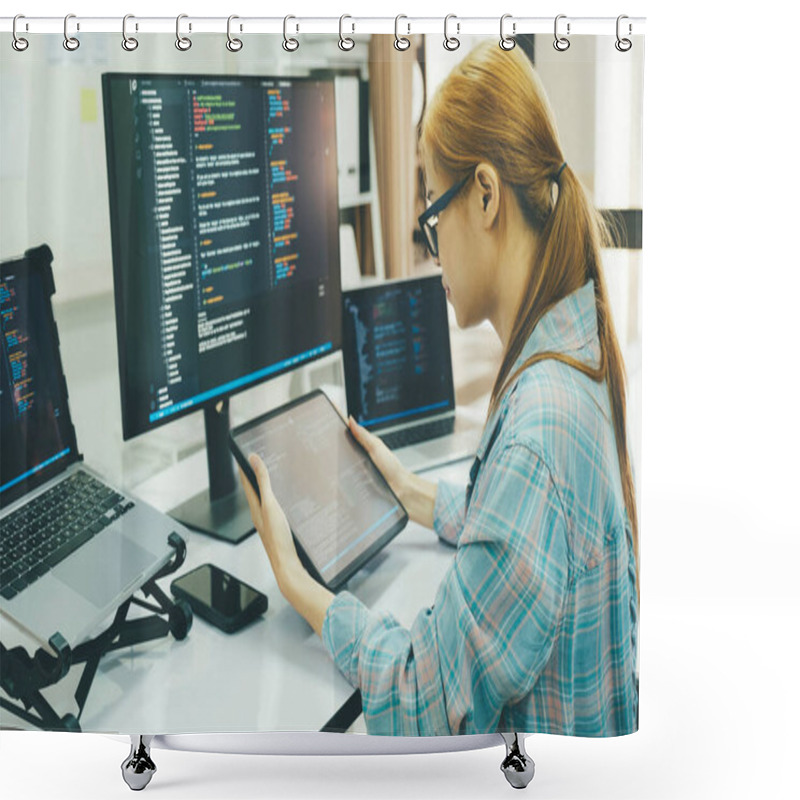 Personality  Programmer Is Coding And Programming Software. Business Woman Working On Computer In The Office. Shower Curtains