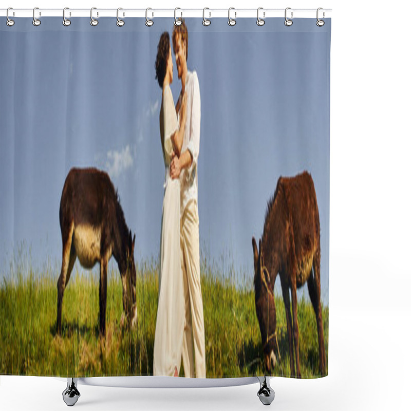 Personality  Happy Interracial Newlyweds White Attire Embracing Near Donkeys Grazing On Meadow, Banner Shower Curtains