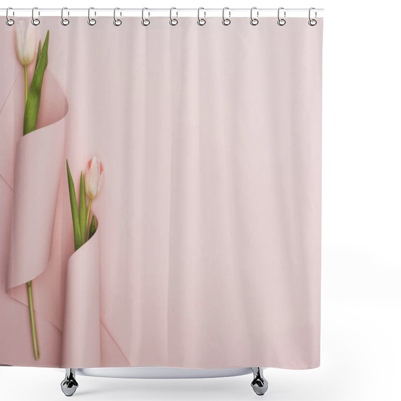 Personality  Top View Of Pink Tulips Wrapped In Paper Swirls On Pink Background Shower Curtains