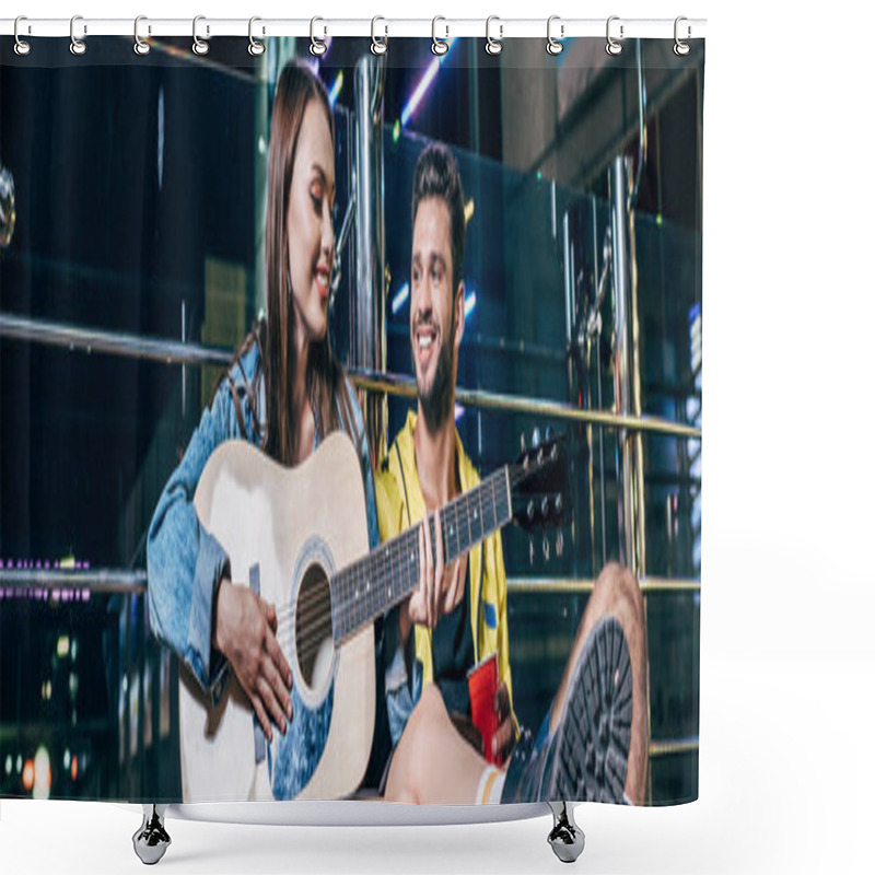 Personality  Panoramic Shot Of Handsome Boyfriend With Plastic Cup And Attractive Girlfriend Playing Acoustic Guitar In Night City  Shower Curtains