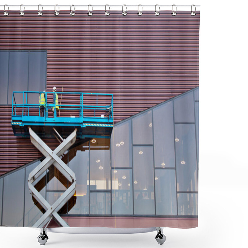 Personality  Builder On A Scissor Lift Platform At A Construction Site Shower Curtains