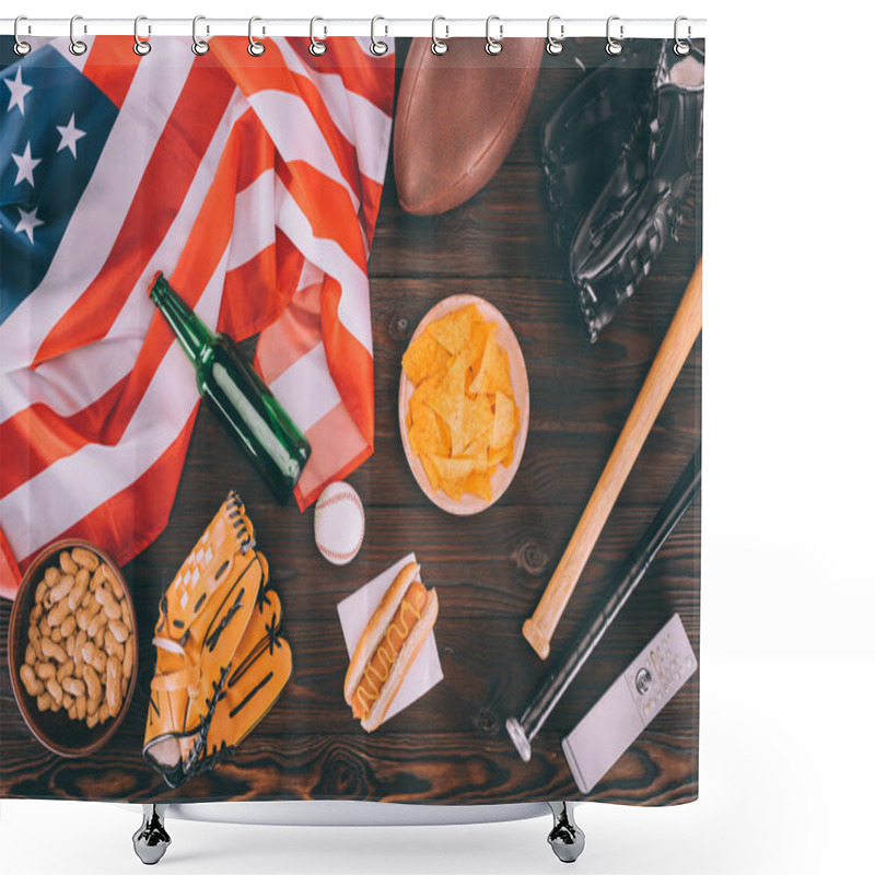 Personality  Top View Of Junk Food, American Flag And Sport Equipment On Wooden Table Shower Curtains