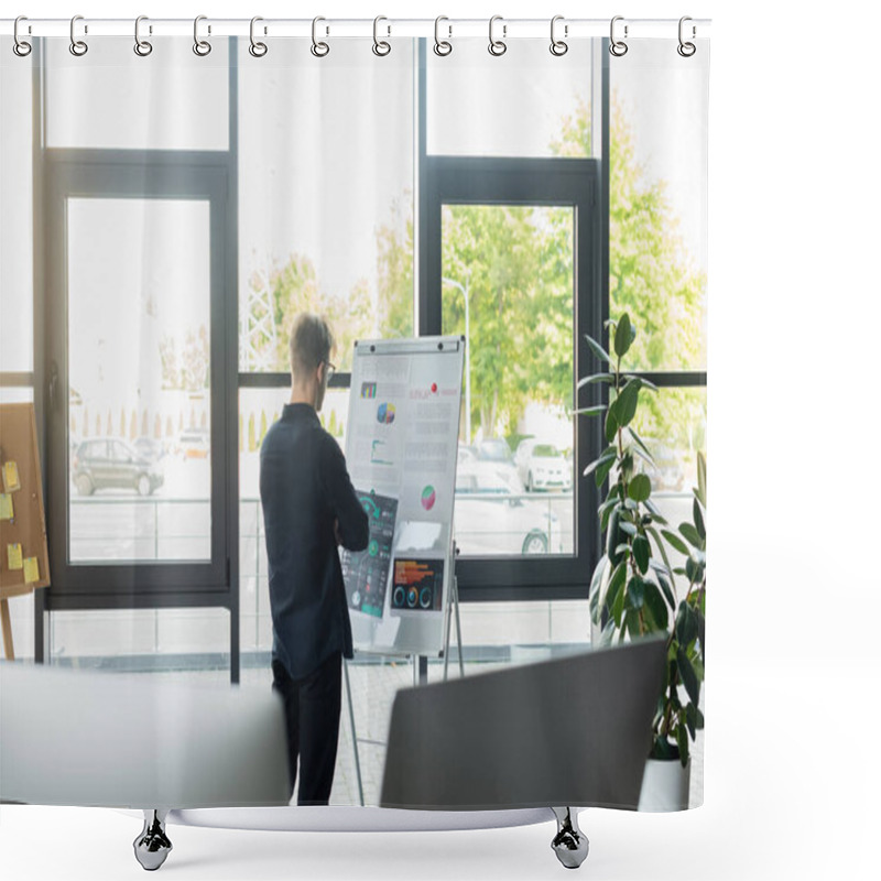 Personality  Programmer Looking At Charts On Flip Chart Near Blurred Computers In Office  Shower Curtains