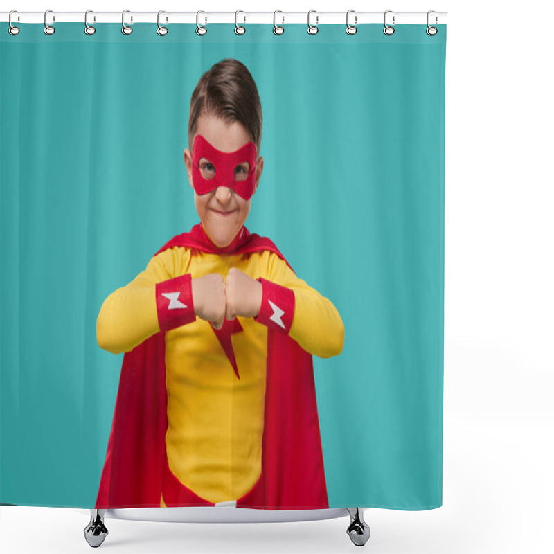 Personality  Boy In Superhero Costume Looking At Camera In Studio Shower Curtains