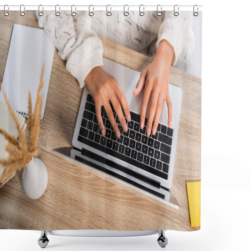 Personality  Top View Of Young Woman Typing On Laptop At Home Shower Curtains