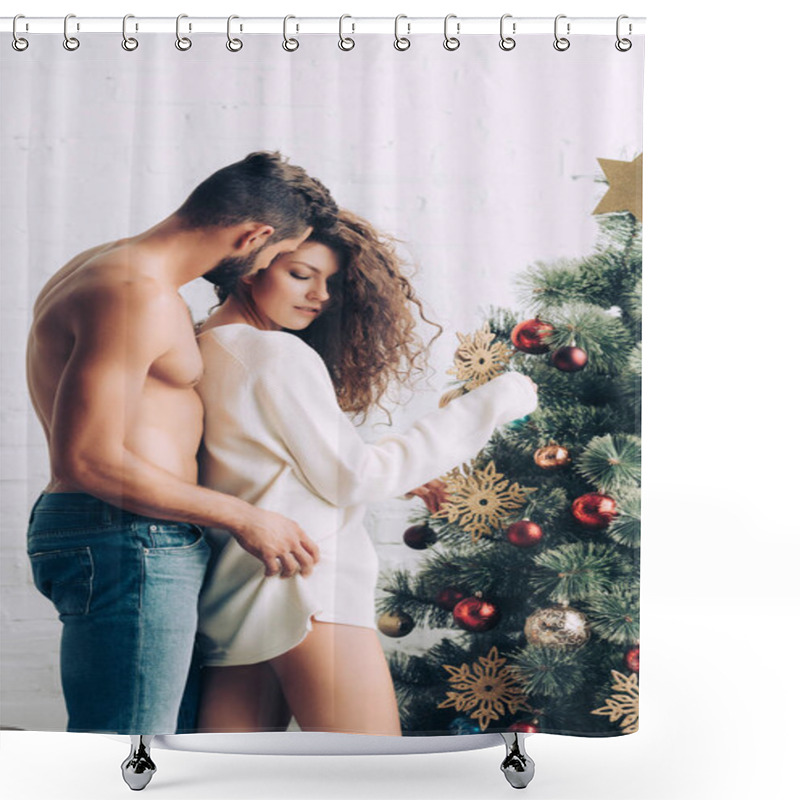 Personality  Shirtless Muscular Man Embracing Attractive Girlfriend Near Christmas Tree At Home Shower Curtains