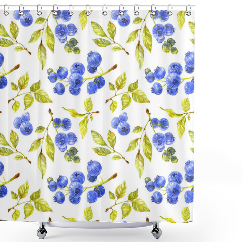 Personality  Blueberry Seamless Pattern. Green Leaves And Ripe Berries On White Background. Watercolor Illustration Shower Curtains