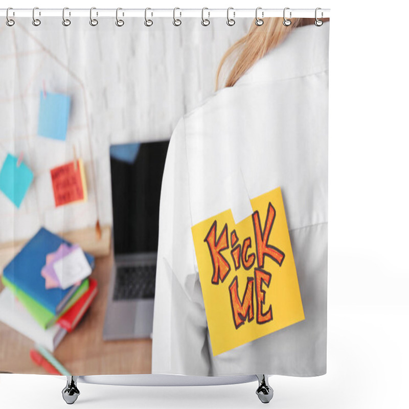 Personality  Note With Phrase Kick Me On Womans Back, Closeup. April Fools Day Celebration Shower Curtains