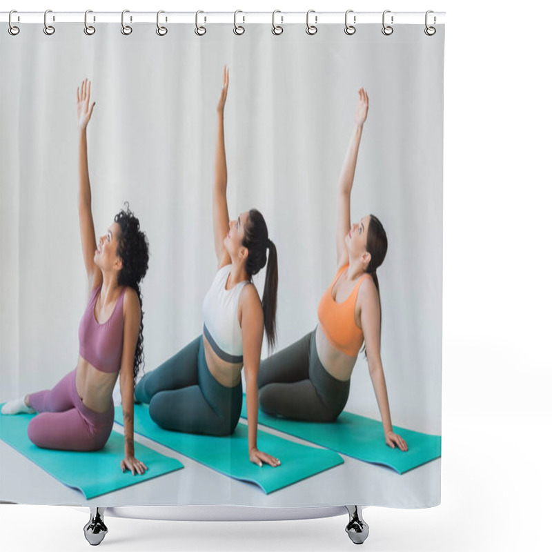 Personality  Women Perform An Uplifting Fitness Routine On Mats, Showcasing Strength, Beauty, And Unity. Shower Curtains