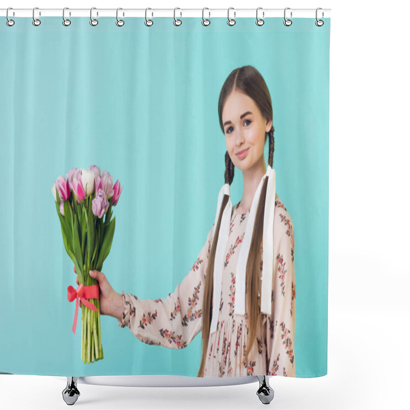 Personality  Stylish Girl With Braids In Summer Dress Holding Tulips, Isolated On Turquoise Shower Curtains