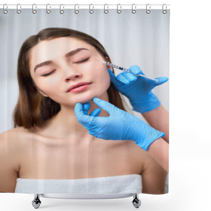 Personality  Beautician Doctor With Botulinum Toxin Syringe Making Injection To To Remove Crows Feet. Cheek Volume Enhance Mesotherapy. Anti-aging Treatment And Face Lift In Cosmetology Clinic. Shower Curtains