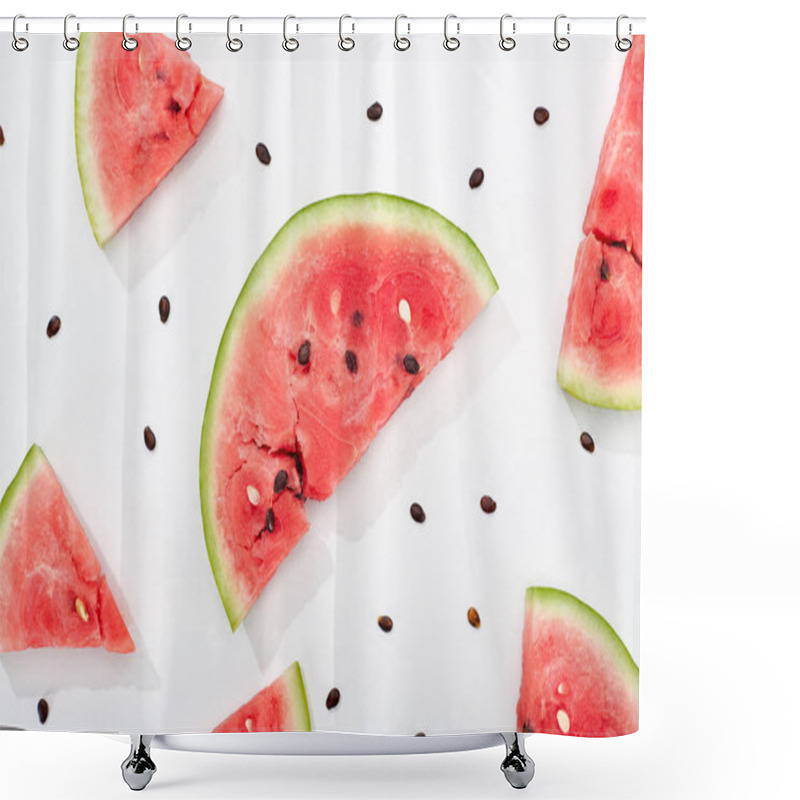 Personality  Top View Of Delicious Juicy Watermelon Slices With Seeds On White Background Shower Curtains