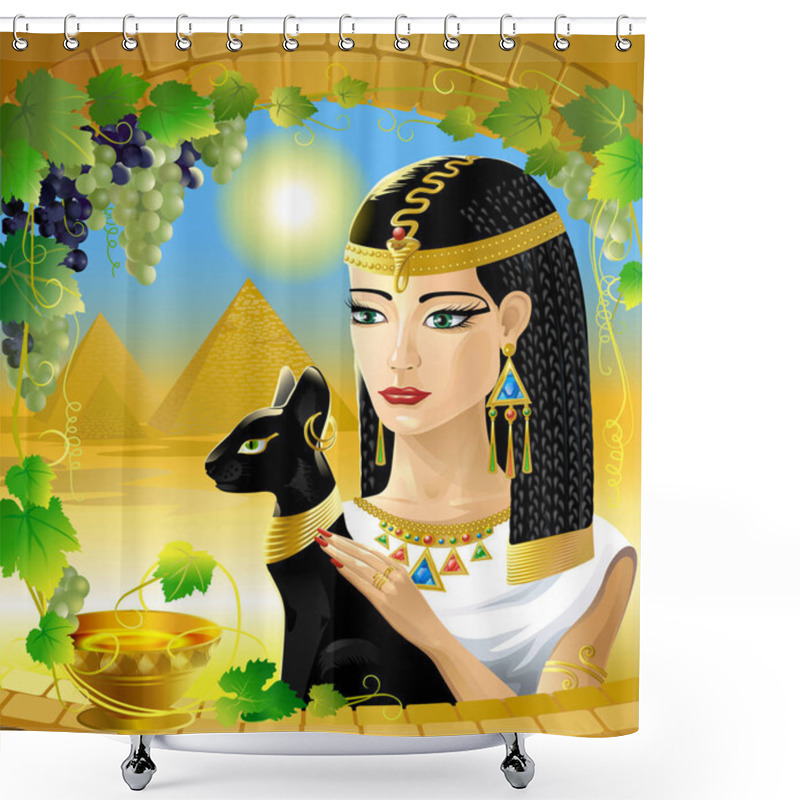 Personality  The Egyptian Queen. Egyptian Woman With A Black Cat On A Background Of The Egyptian Pyramids. Shower Curtains