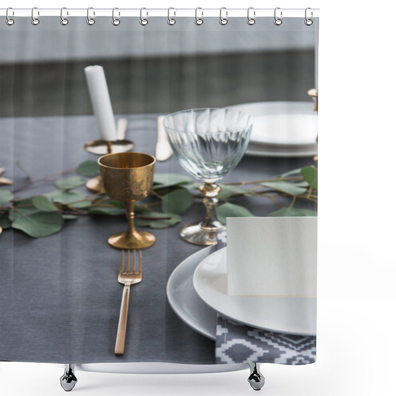 Personality  Close Up View Of Empty Card On Plates On Tabletop With Beautiful Rustic Setting For Guests Shower Curtains