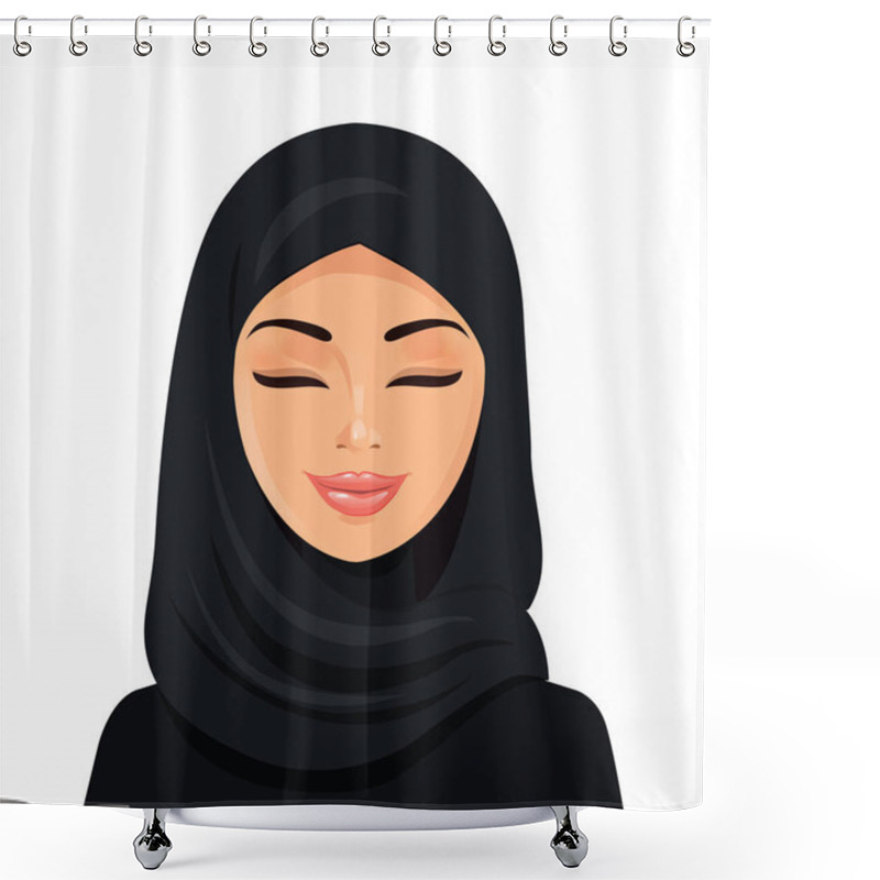 Personality  Beautiful Muslim Arab Woman In Hijab Closing Her Eyes Vector Flat Icon Avatar. Shower Curtains