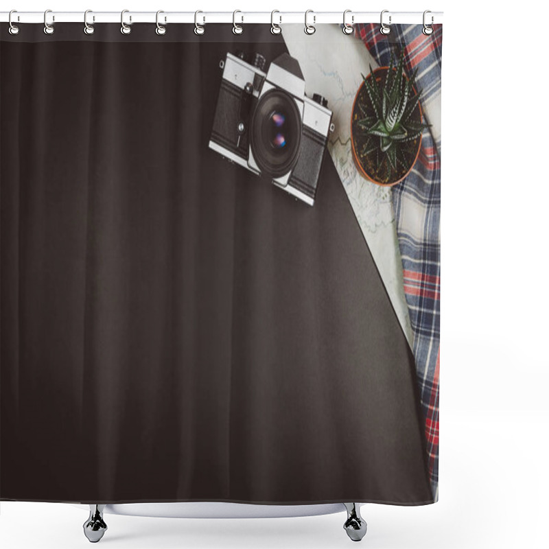 Personality  Travel Accessories Top View Black Chalkboard Background With Copy Space Shower Curtains