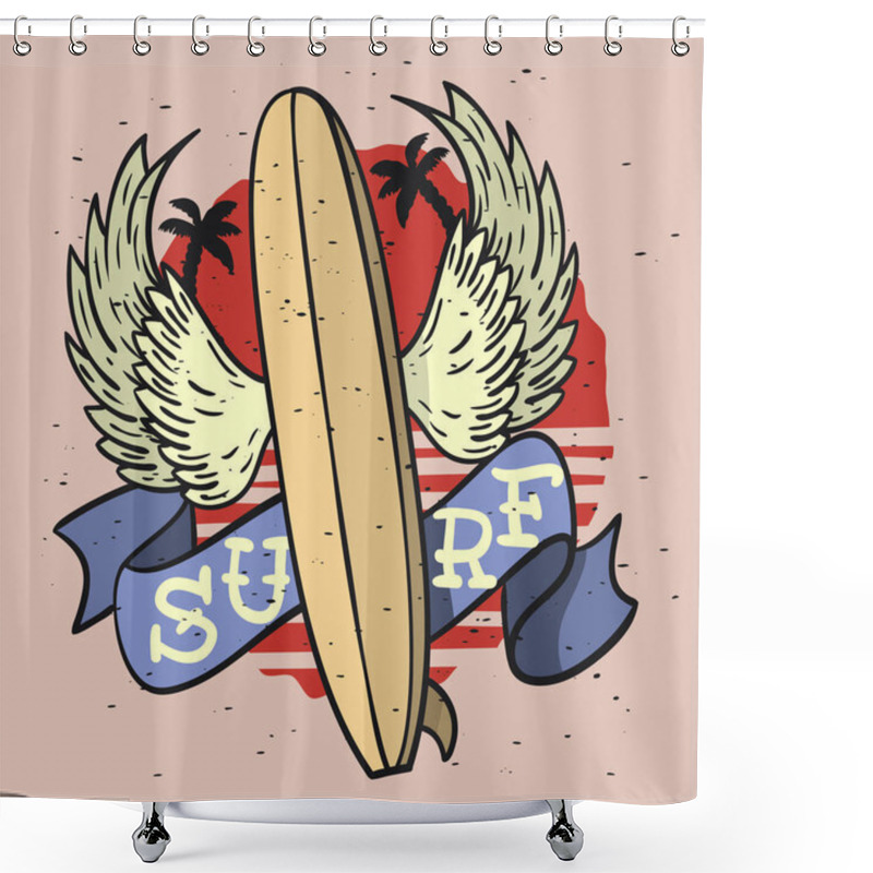 Personality  Surfing Surf Themed Longboard Wings  Ribbon For Text Hand Drawn Traditional Old School Tattoo Aesthetic  Influenced Art Drawing Vintage Inspired Illustration For Promotion  T Shirt Print  Vector Image Shower Curtains