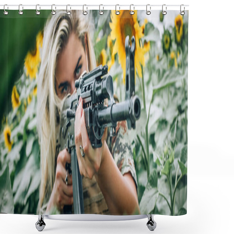 Personality  Beautiful And Attractive Woman Soldier With Rifle Machine Gun. Front View Gun Point. Female  Army Nature Outdoor Military Combat Training. Femme Fatale Shower Curtains