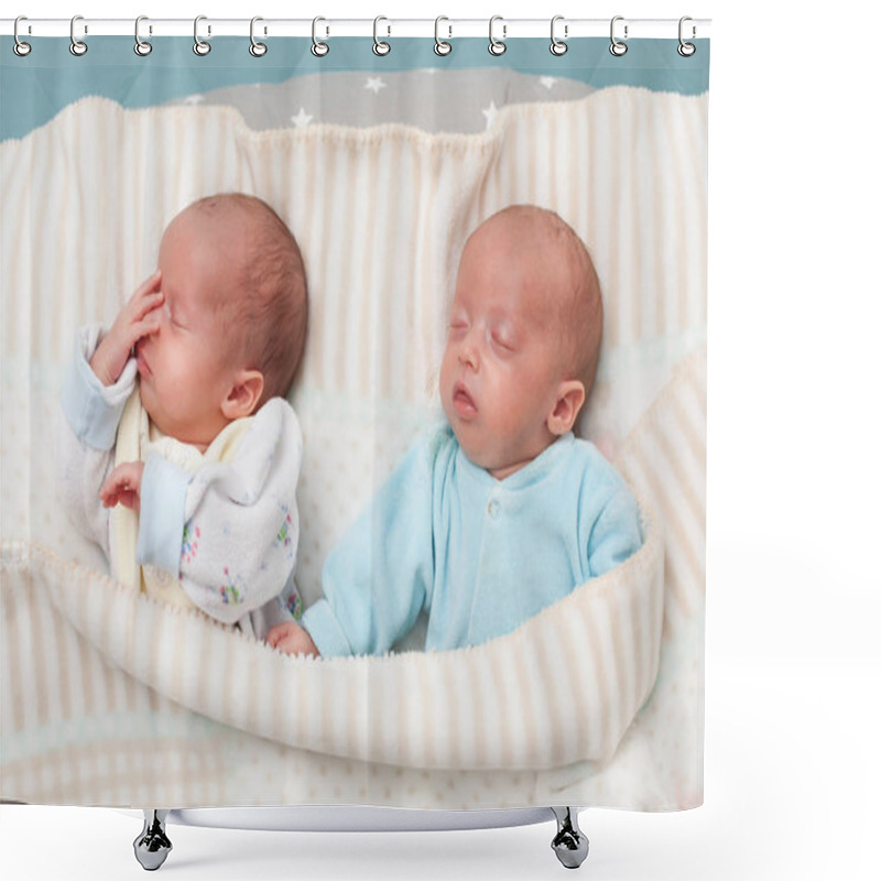 Personality  Two Adorable Twin Babies Sleeping In The Bed. Closeup Portrait, Caucasian Child Shower Curtains