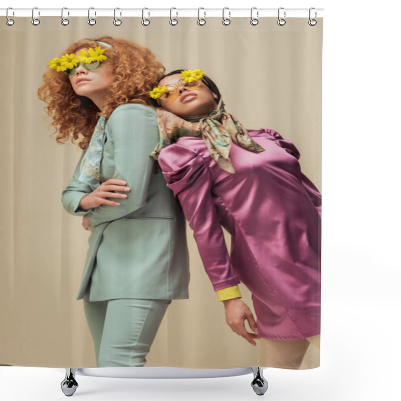 Personality  Trendy African American Girl And Curly Woman In Sunglasses With Flowers Posing Isolated On Beige Shower Curtains