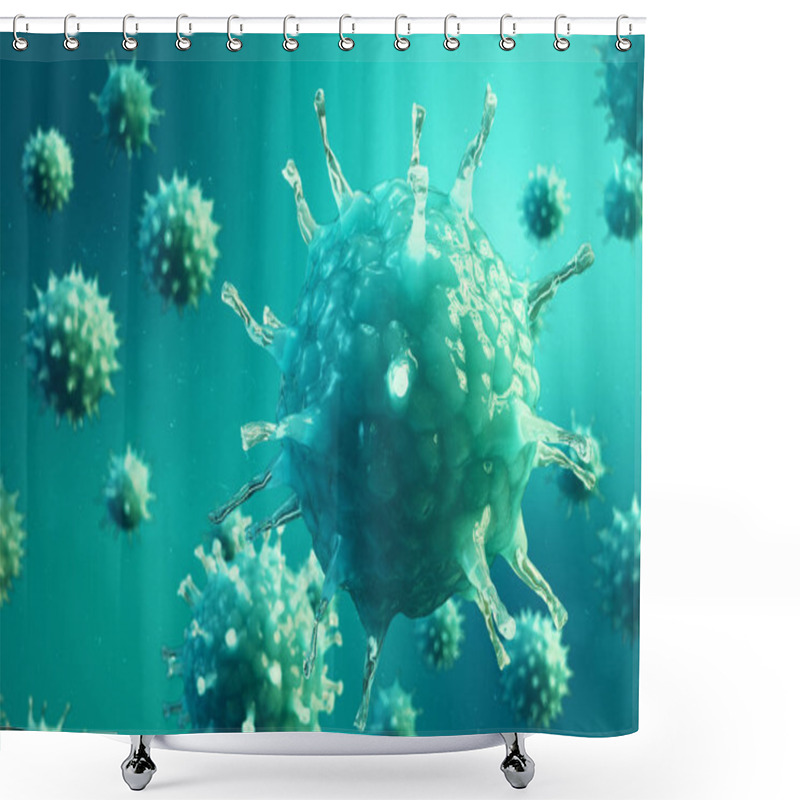 Personality  3d Illustration Viral Infection Causing Chronic Disease. Hepatitis Viruses, Influenza Virus H1N1, Flu, Cell Infect Organism, Aids. Virus Abstract Background. Shower Curtains