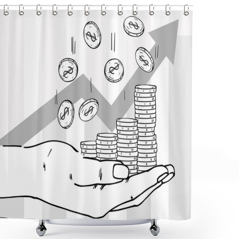 Personality  Palm With Stacks Of Coins. Coins Are Falling Down. Depicts Profit Growth, Financial Success, Increase In Cash. Shower Curtains