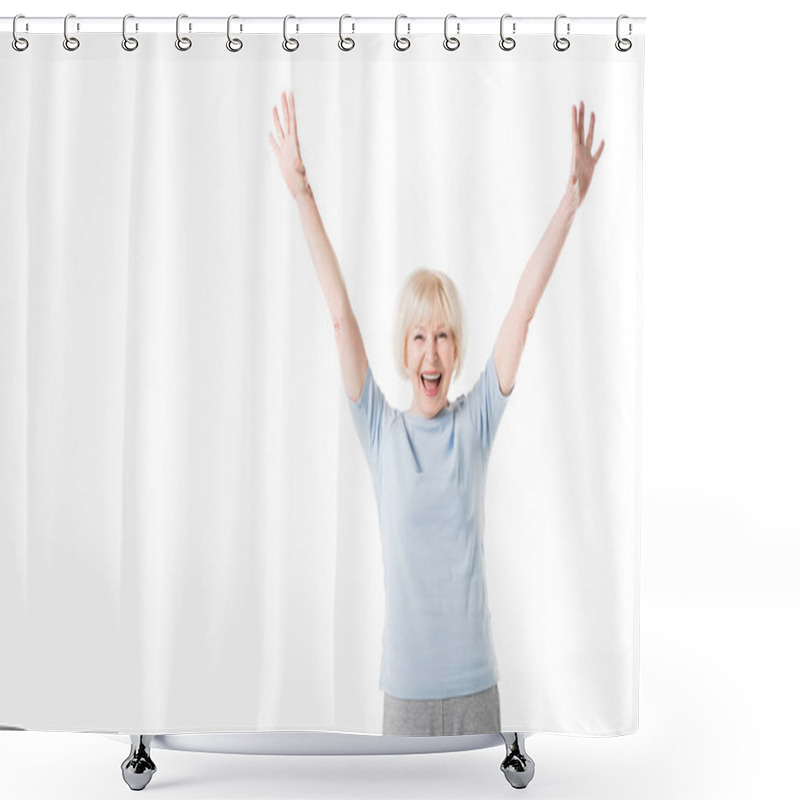 Personality  Senior Woman Standing With Arms Up Isolated On White Shower Curtains