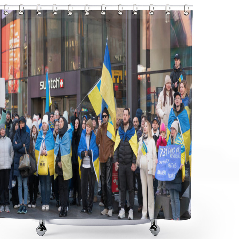 Personality  NEW YORK, Unites States, USA - February 24.2024: People In Peaceful Protest With Families And Children Against The War In Ukraine. 2 Years Of Full War With Russia. Ukraine Russia War Terrorist State. Shower Curtains