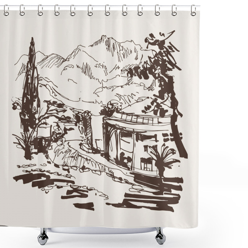 Personality  Sketching Of Park Alley View With Trees Cypress And Mountain In Shower Curtains