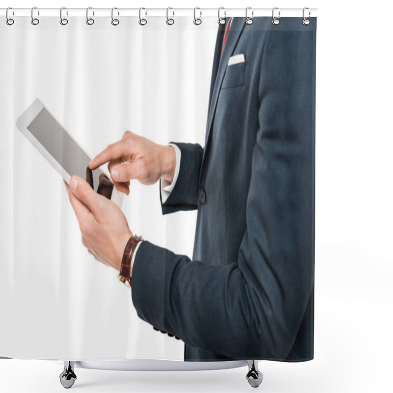 Personality  Cropped View Of Businessman Using Digital Tablet With Blank Screen Isolated On White  Shower Curtains