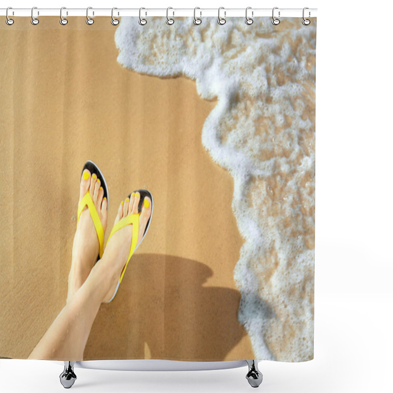 Personality  Closeup Of Woman With Flip Flops On Sand Near Sea, Space For Text. Beach Accessories Shower Curtains