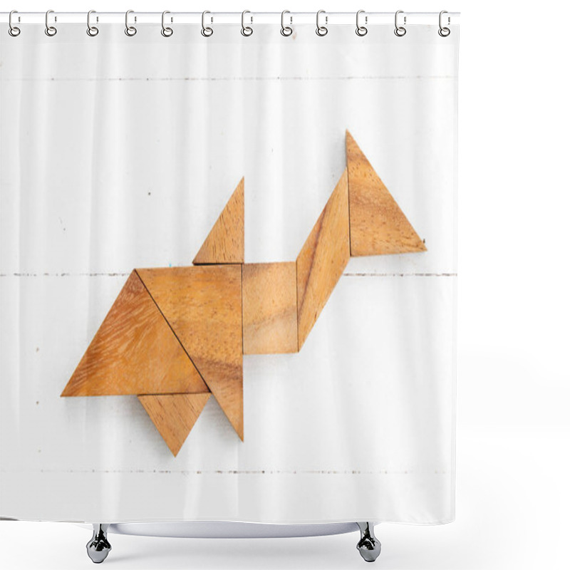 Personality  Wood Tangram Puzzle In Whale, Fish Or Shark Shape On White Wood Background Shower Curtains