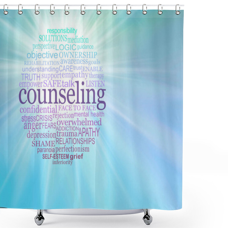 Personality  Counseling Word Bubble Message Banner Background - Jade Green Purple And Burgundy Circle Of Words Relevant To COUNSELING Against A Blue Green Graduated Light Burst Background With Copy Space For Messages Shower Curtains