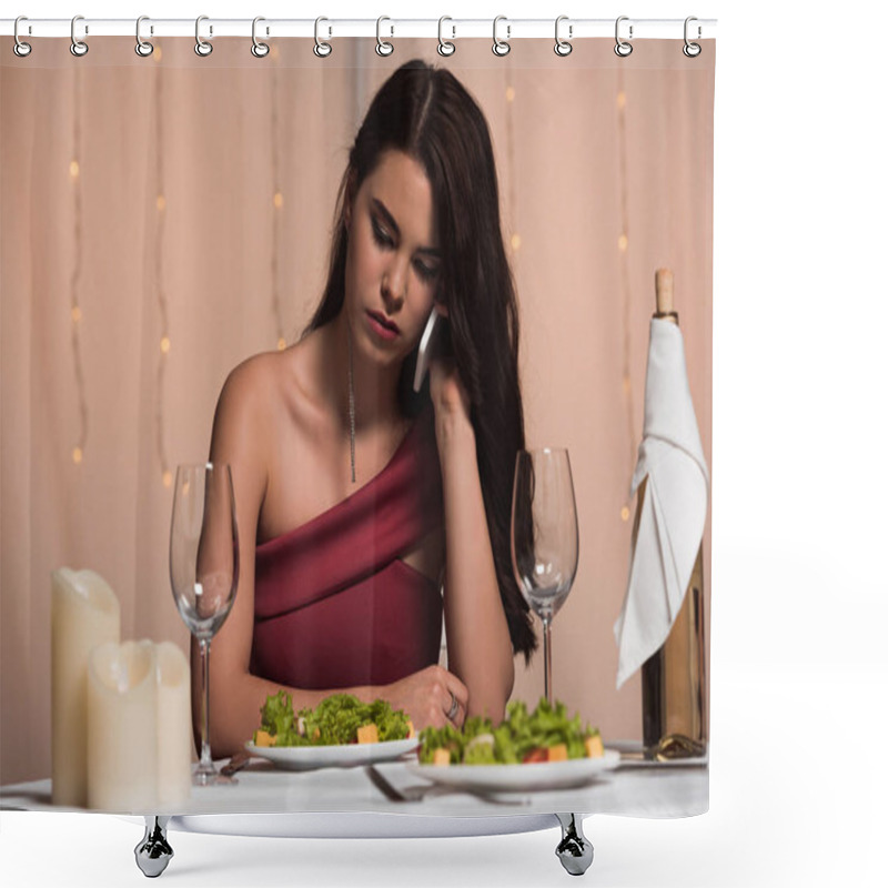 Personality  Disappointed, Elegant Girl Sitting At Served Table In Restaurant And Talking On Smartphone Shower Curtains