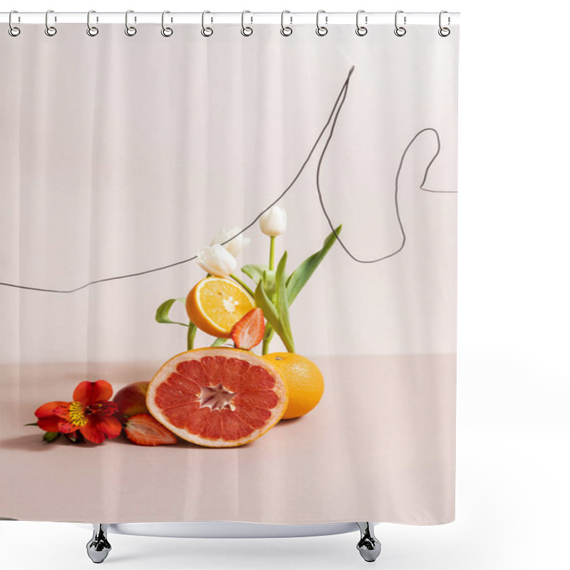 Personality  Floral And Fruit Composition With Tulips, Red Alstroemeria, Summer Fruits Isolated On Beige Shower Curtains