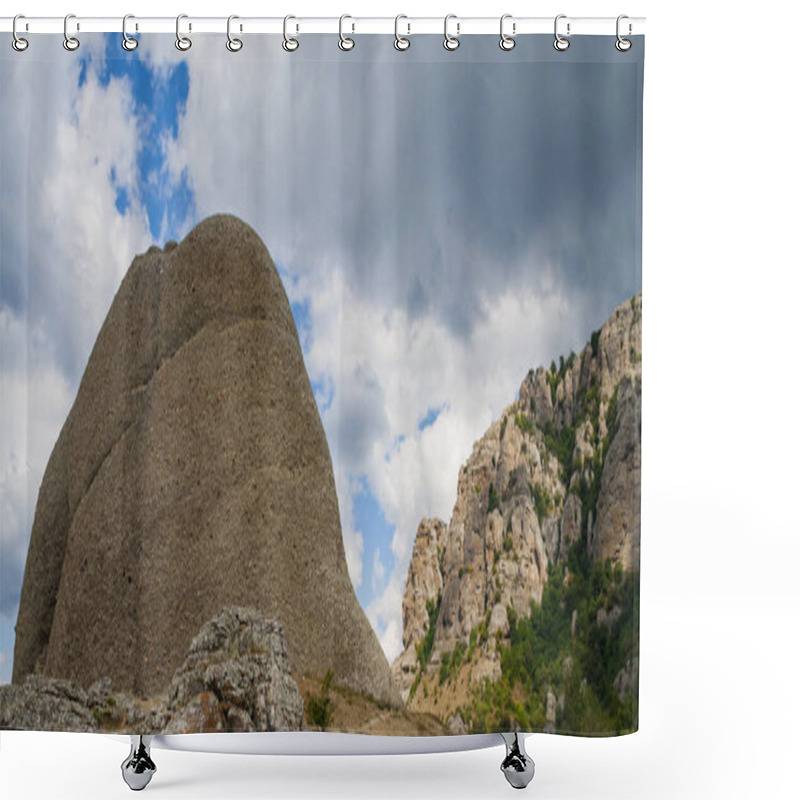 Personality  View On A Green Wild Valley With Mountain Background In A Sunny Day With Clouds Shower Curtains