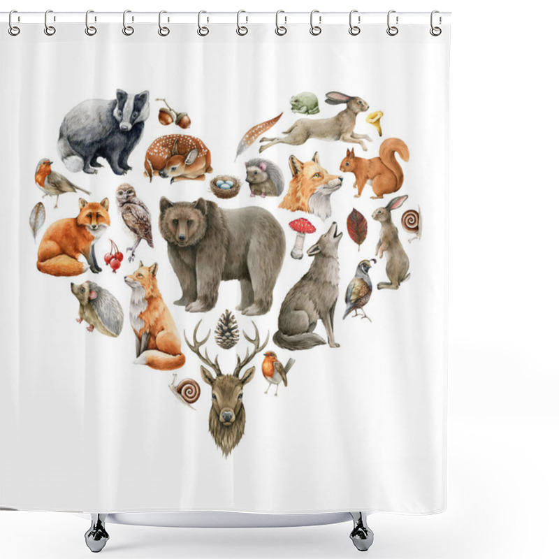 Personality  Forest Animals And Birds Heart Shape. Wildlife Collection. Hand Drawn Natural Wild Forest Animals Set. Bear, Fox, Wolf, Rabbit, Squirrel, Deer, Robin Bird, Owl Elements. Heart Shape Nature Set Shower Curtains