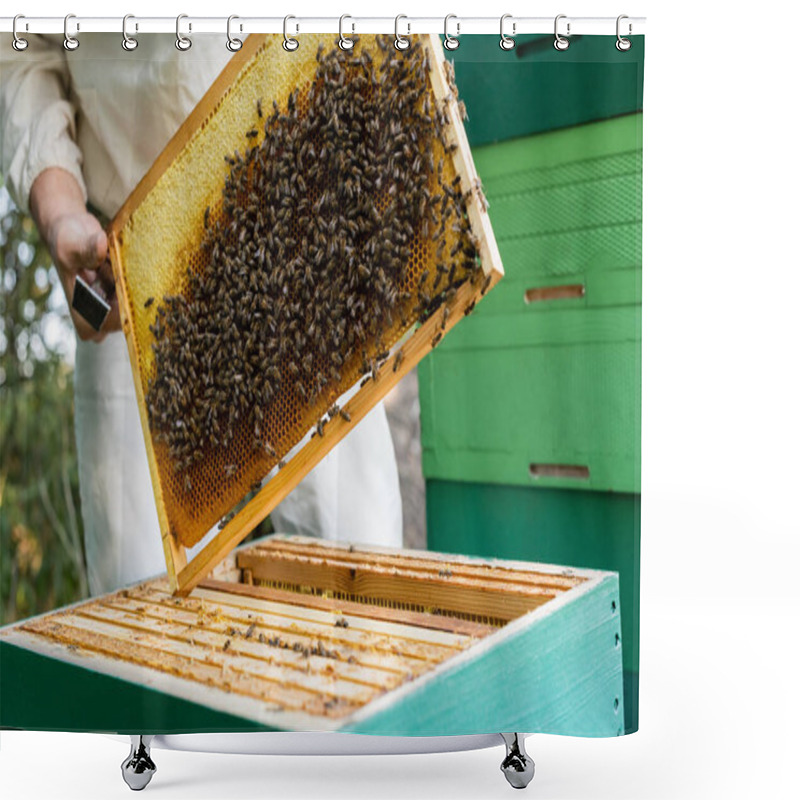 Personality  Bees On Honeycomb Frame In Hands Of Cropped Beekeeper On Apiary Shower Curtains