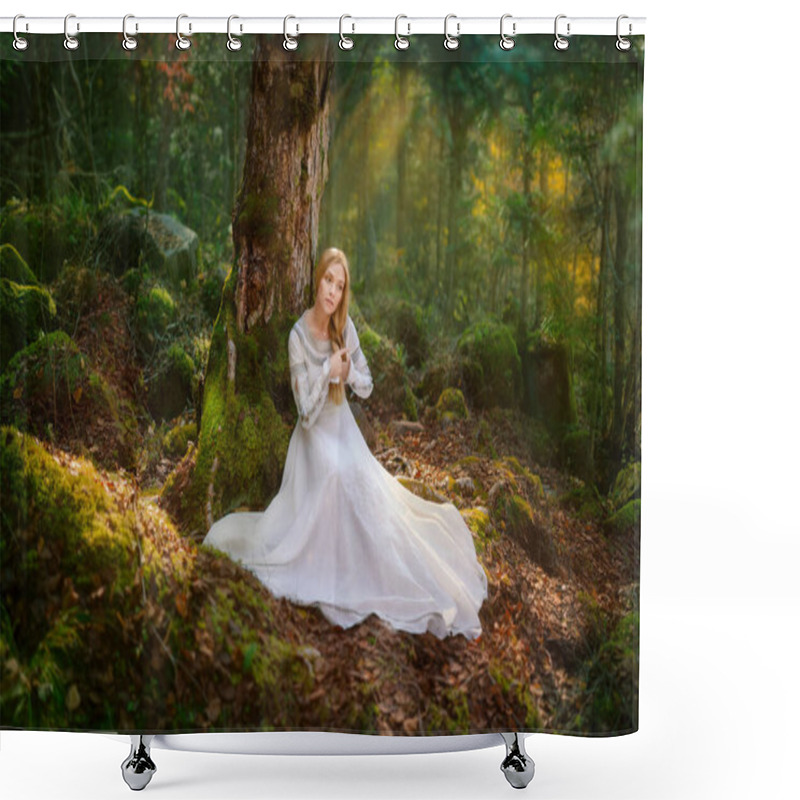 Personality  Beautiful Young Woman In A White Dress In The Middle Of A Forest Shower Curtains