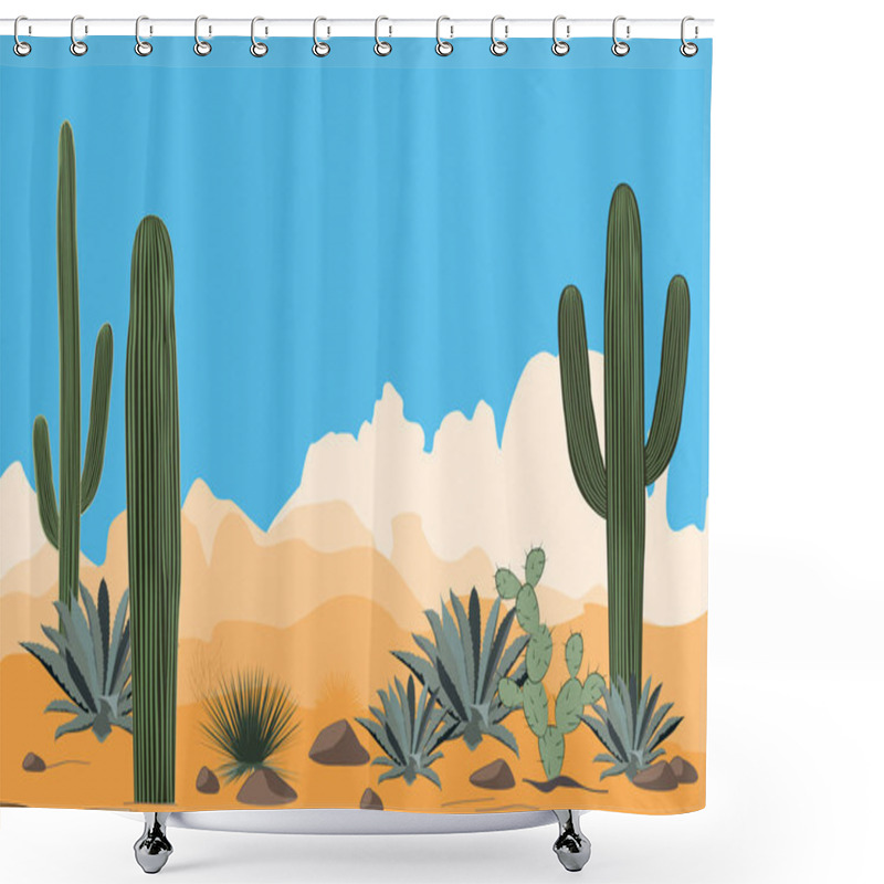 Personality  Scenery Of The Arid Desert. Landscape Of A Valley With Saguaro Cacti. View Of Mountains, Clear Blue Sky Background Shower Curtains