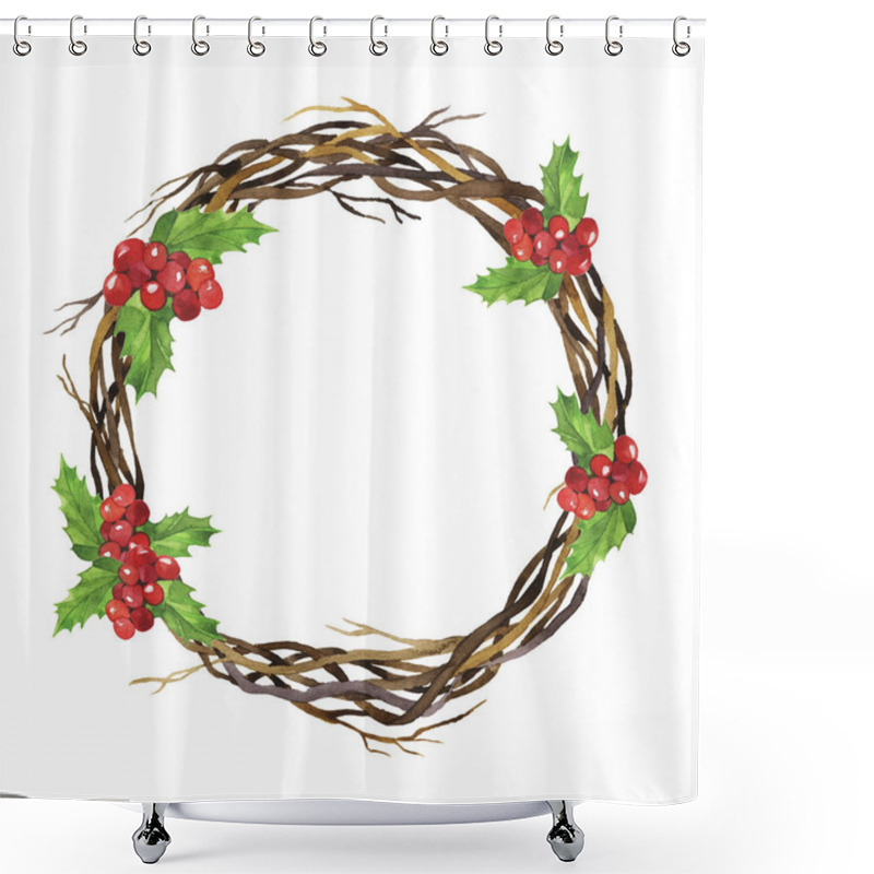 Personality  Christmas Wreath Witn Dry Branches And Holly Leaf Berries Isolated On White Background. Hand Drawn Watercolor Illustration. Shower Curtains