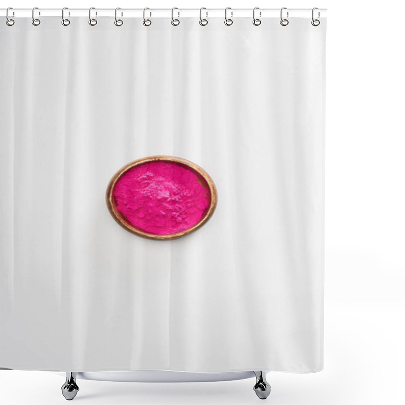 Personality  Top View Of Wooden Bowl With Pink Holi Powder On White Background Shower Curtains