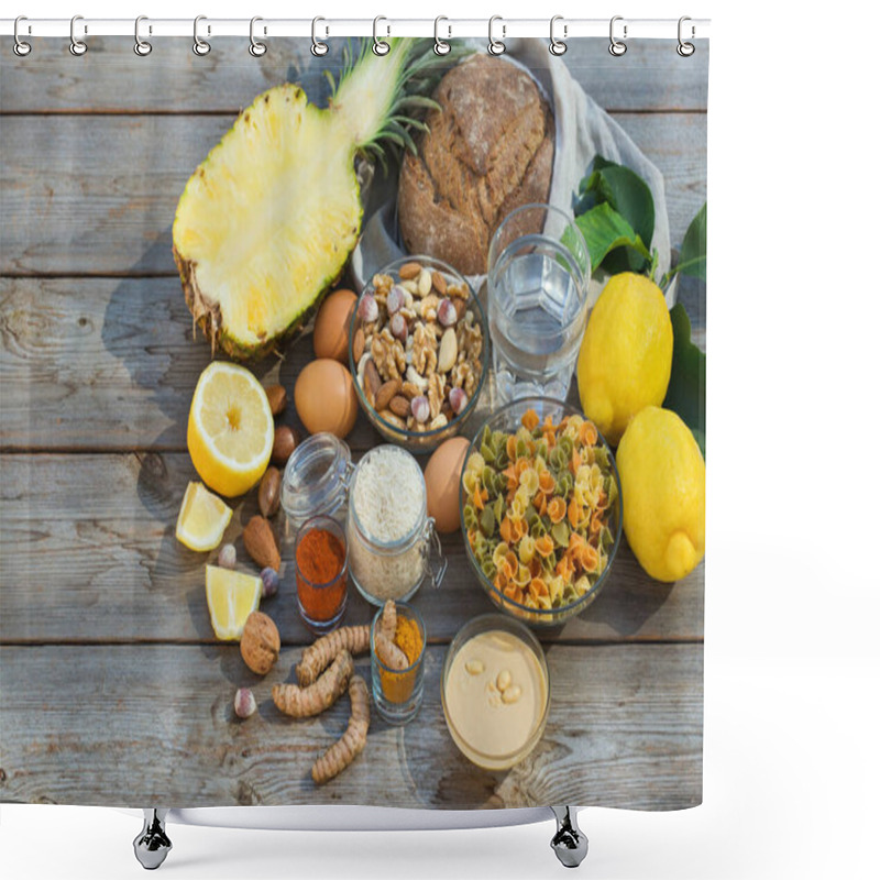 Personality  Balanced Nutrition Concept For Low Purine Eating And Diet To Stop Gout. Assortment Of Healthy Food Ingredients For Cooking On A Kitchen Table Shower Curtains