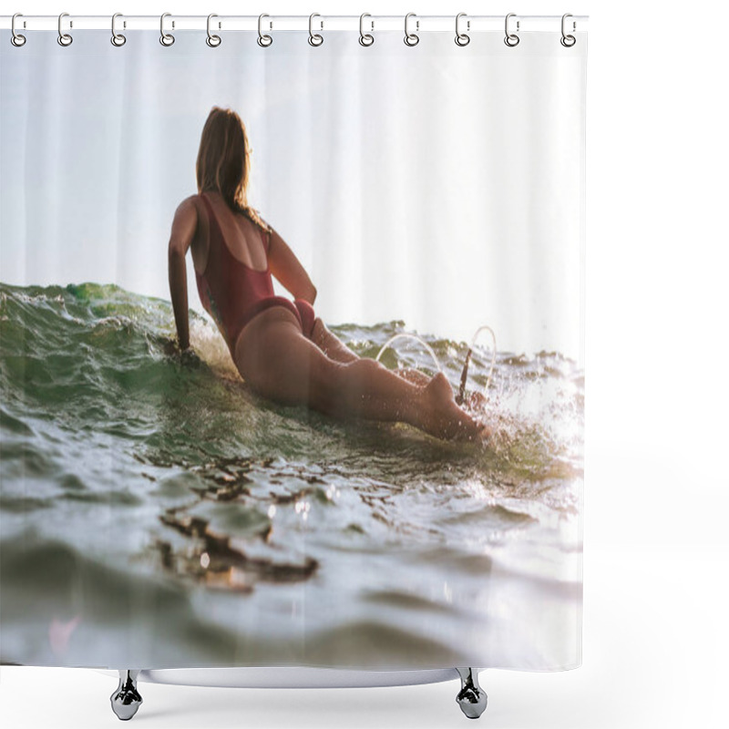 Personality  Back View Of Woman In Swimming Suit Surfing In Ocean Shower Curtains