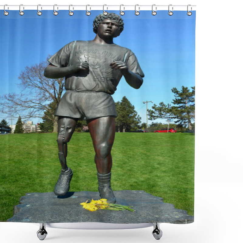 Personality  Terry Fox Memorial Statue,Victoria BC,Canada.March 3rd 2015.The Marathon Of Hope Run Was And Still Is A Major  Fund Raiser For Cancer.Terry Fox Is Canada's Most Prominent Person. Shower Curtains