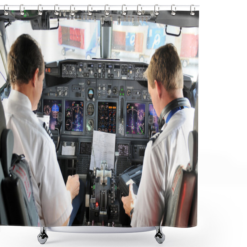 Personality  Pilots In The Cockpit During A Commertial Flight Shower Curtains