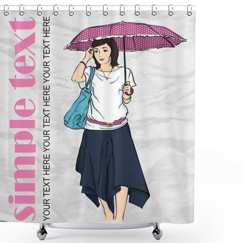 Personality  Fashion Girl In Sketch Style On A Paper-background. Vector Illustration. Place For Your Text. Shower Curtains