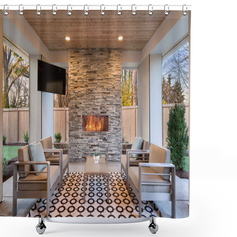 Personality  Outdoor Luxury Living Room Cozy Space Covered With Wood Ceiling, Stone Fireplace, TV And Natural Beige Rug. Shower Curtains