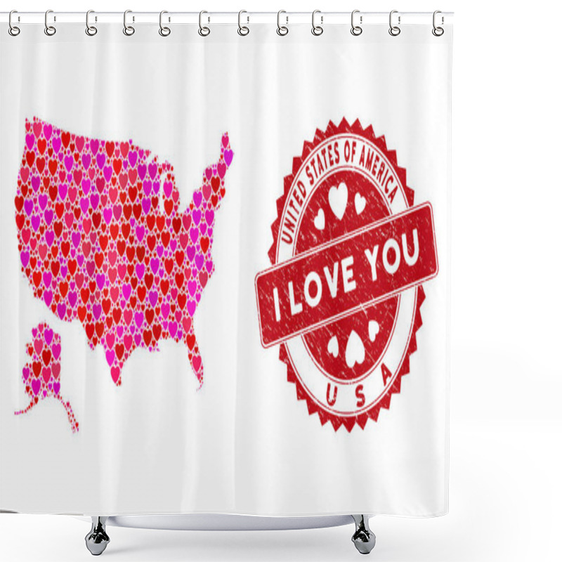 Personality  Love Heart Mosaic USA With Alaska Map With Grunge Seal Shower Curtains