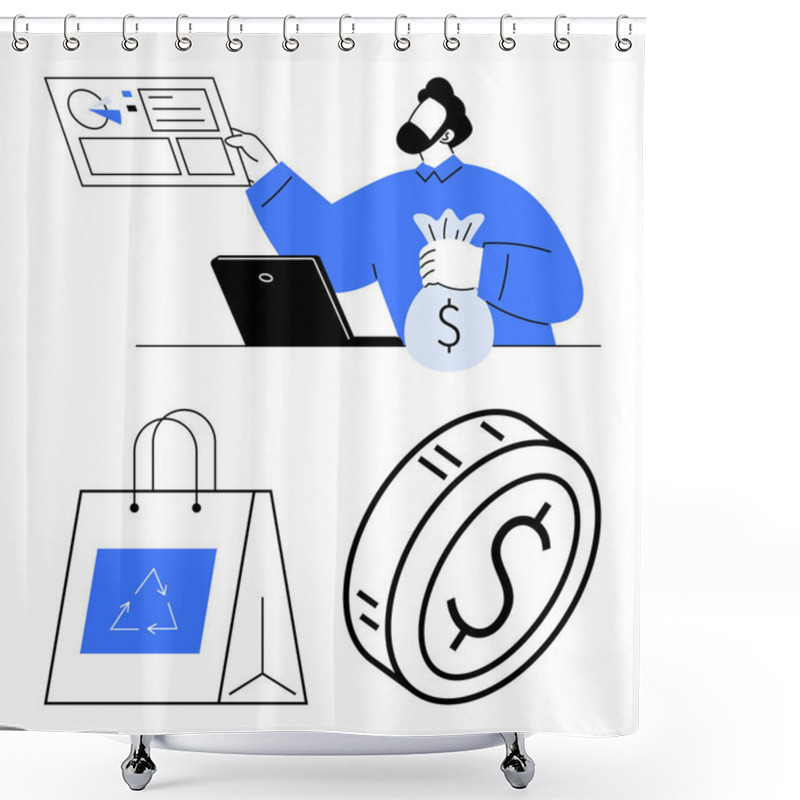 Personality  Man Presenting Investment Chart With A Laptop And Money Bag, Eco-themed Shopping Bag, And Large Coin. Ideal For Financial Growth, Savings, Eco-friendliness, Commerce, Business Planning, Sustainable Shower Curtains